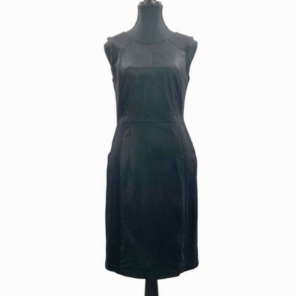BCBGMaxAzria Black Faux Leather Mixed Media Sheath Dress Size 6 Sleeveless LBD